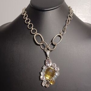 Multi-Stone Pendant with Silvertone Link Chain Necklace